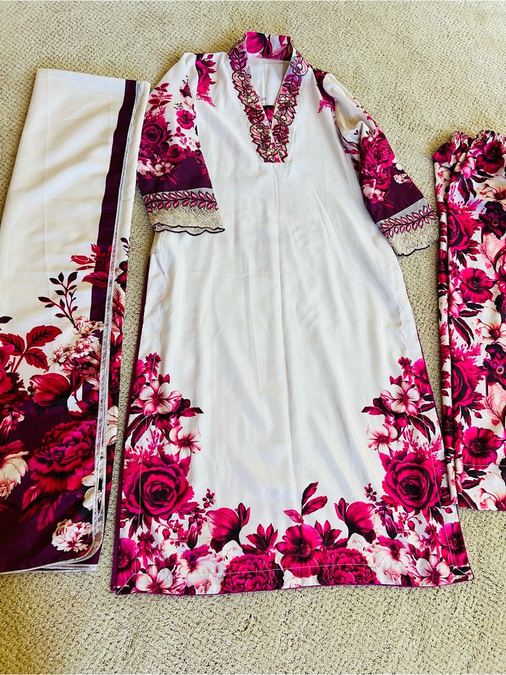 Pakistani Indian dress cream and dark pink floral dress